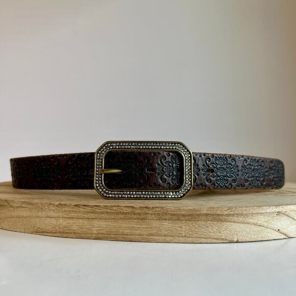 Brown Genuine Italian Leather Embossed USA Brass Sparkle Buckle Belt Size S/M - Picture 1 of 13